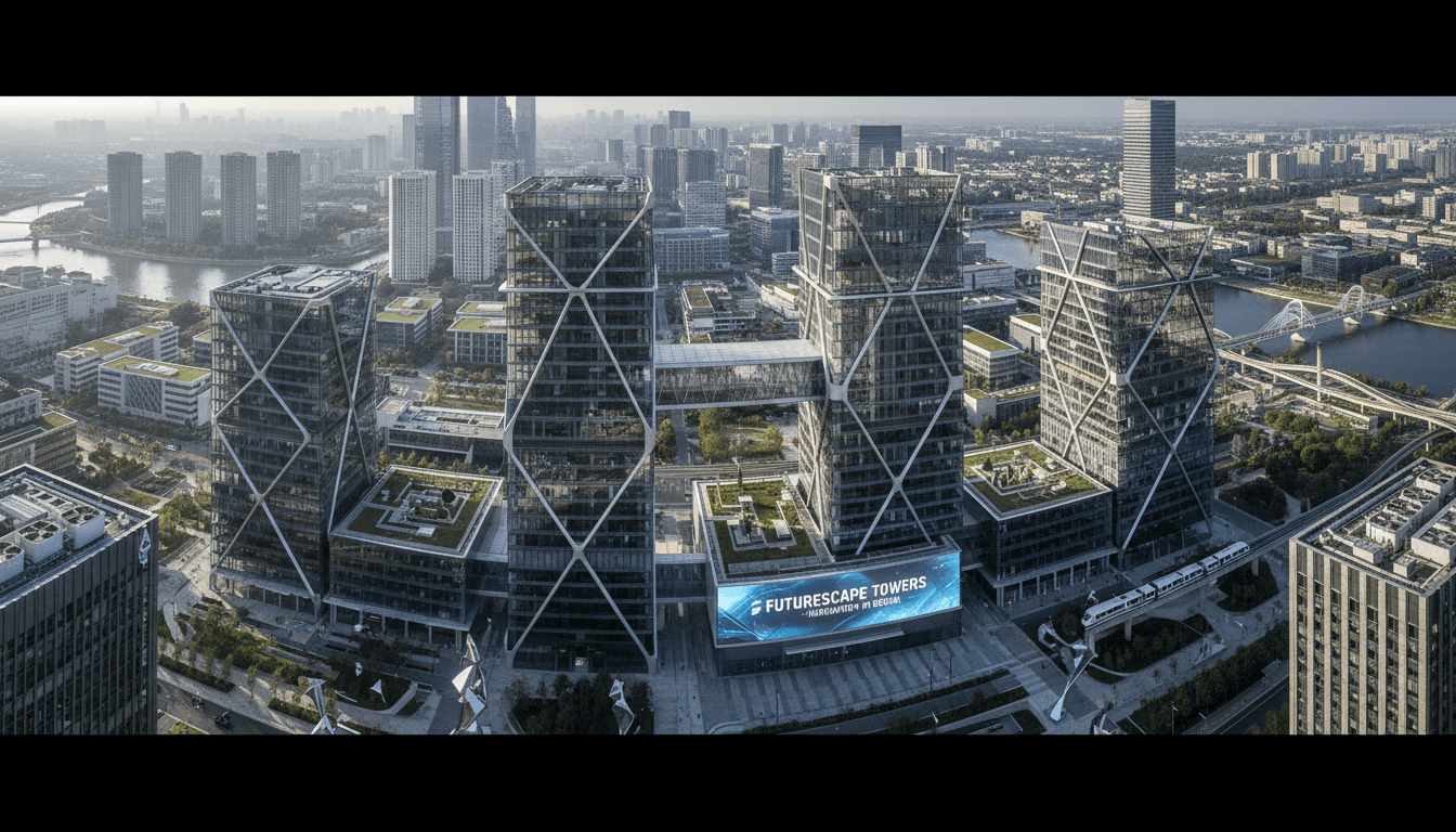 Modern development project featuring contemporary architecture with glass facades and steel structural elements