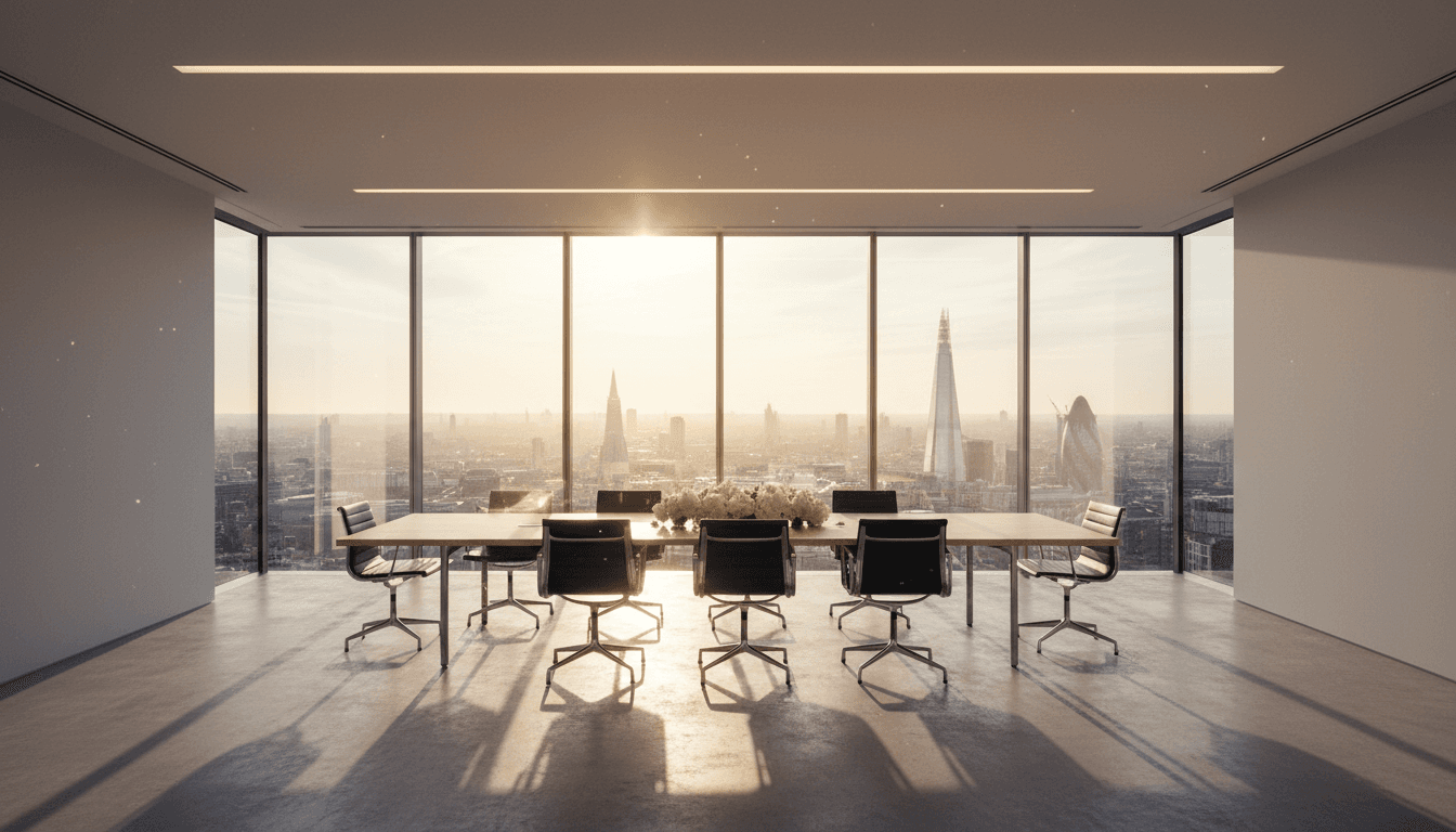 Modern London office meeting room with city skyline view