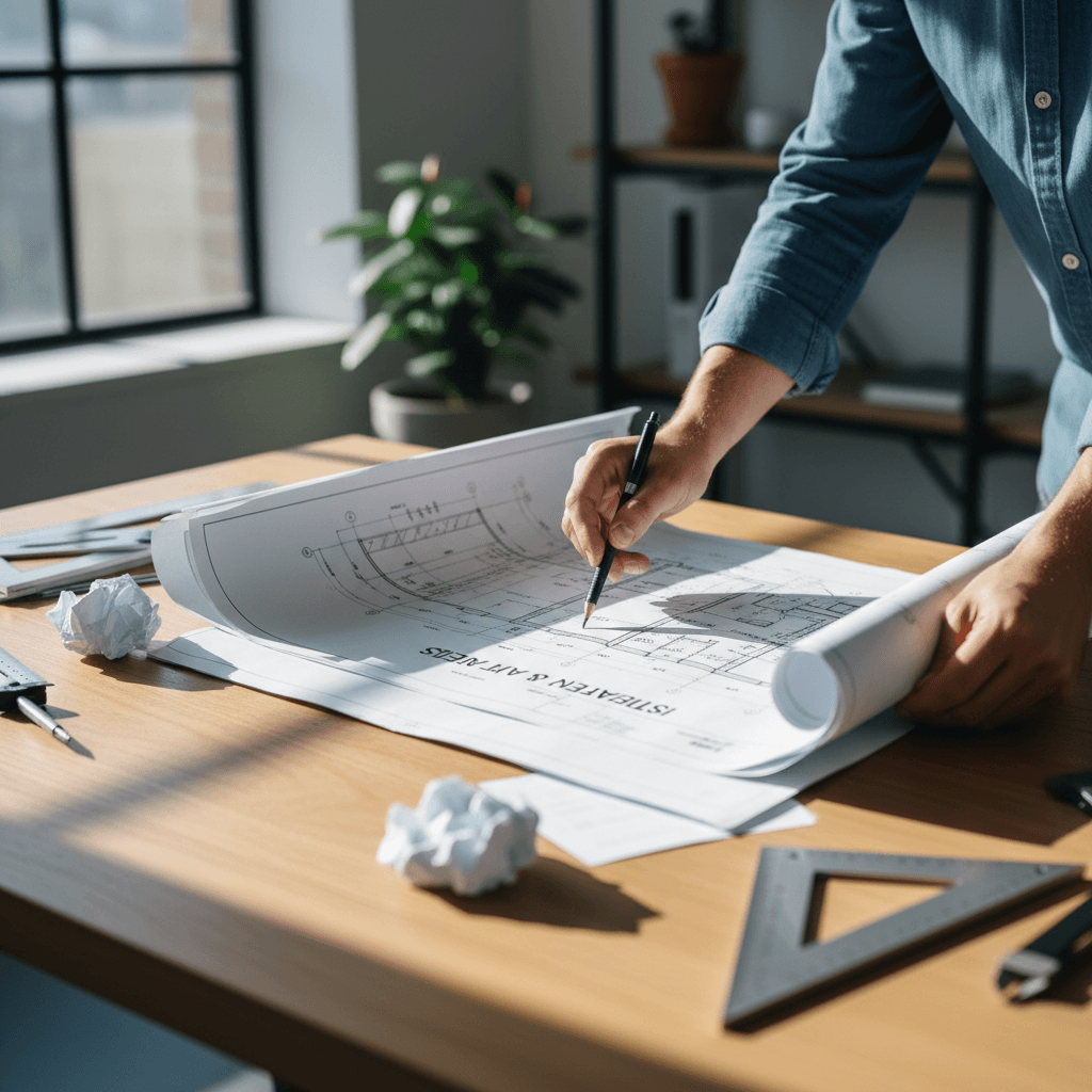 Architect reviewing detailed project blueprints and plans