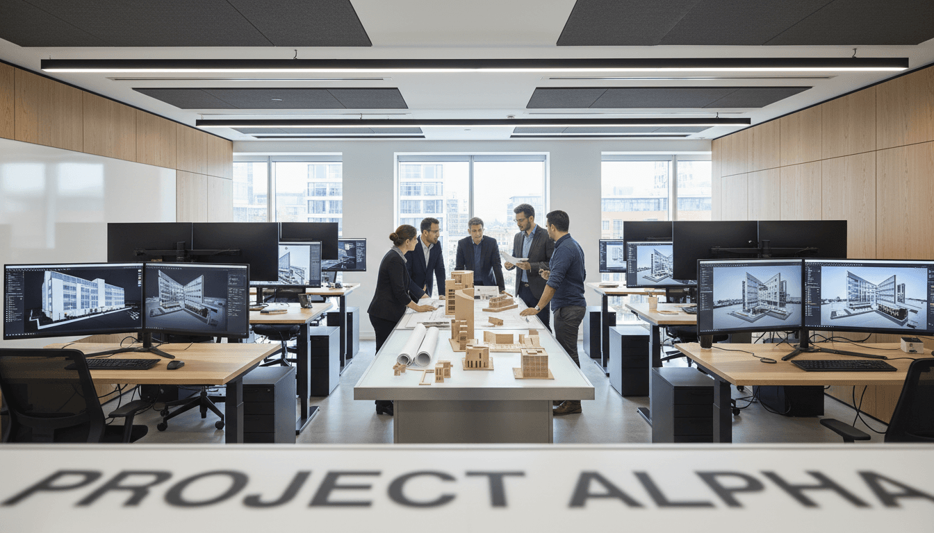 Architectural office space with modern design and blueprint planning