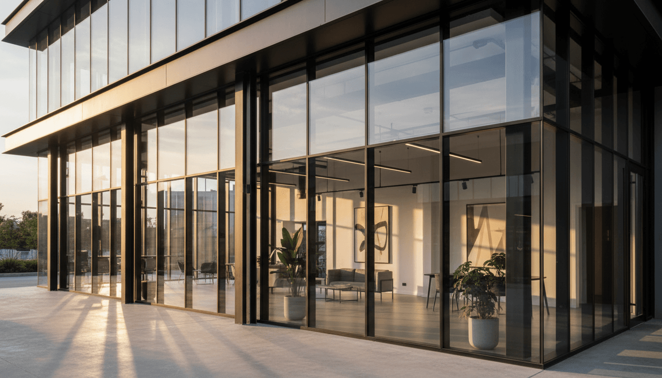 Modern commercial development with contemporary glass and steel architecture