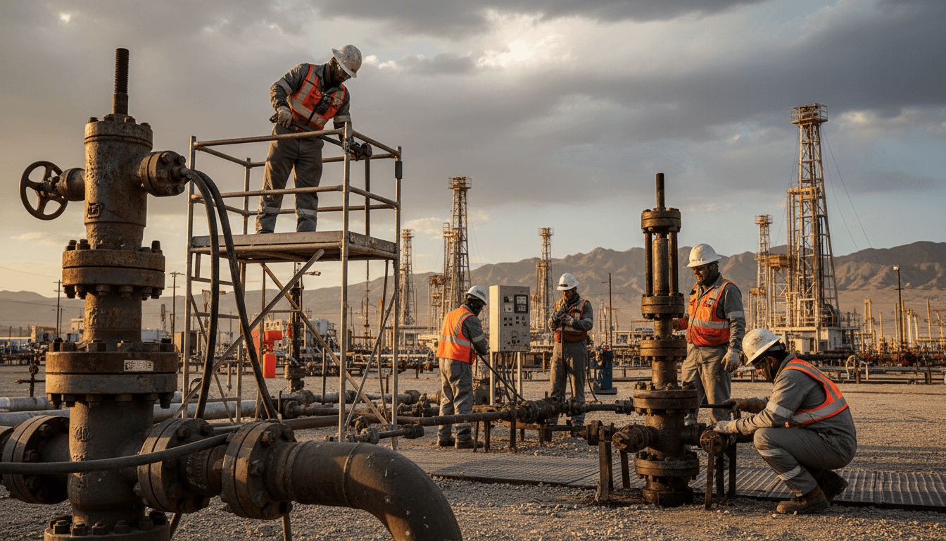 Team of workers in safety gear actively operating equipment at production facility during golden afternoon light